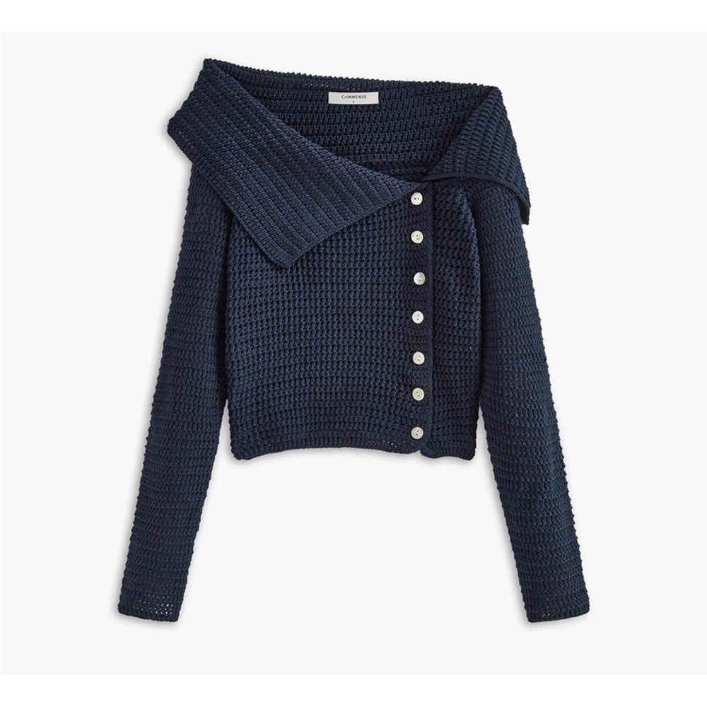 Commense Navy Blue Crochet Knit Asymmetrical Button Off Shoulder Cardiga
